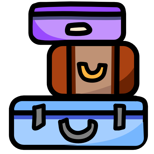 33 stacked suitcases, blue, brown, and purple, with black line art.